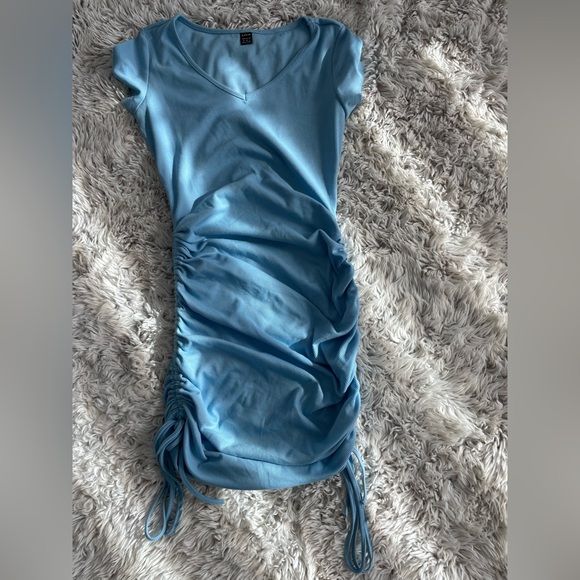 Light Blue Ruched Ribbed Dress - Picture 3 of 7